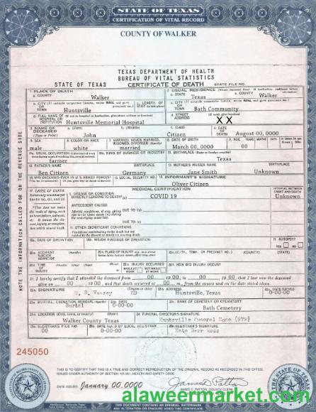 USA Texas state death certificate template in PSD format